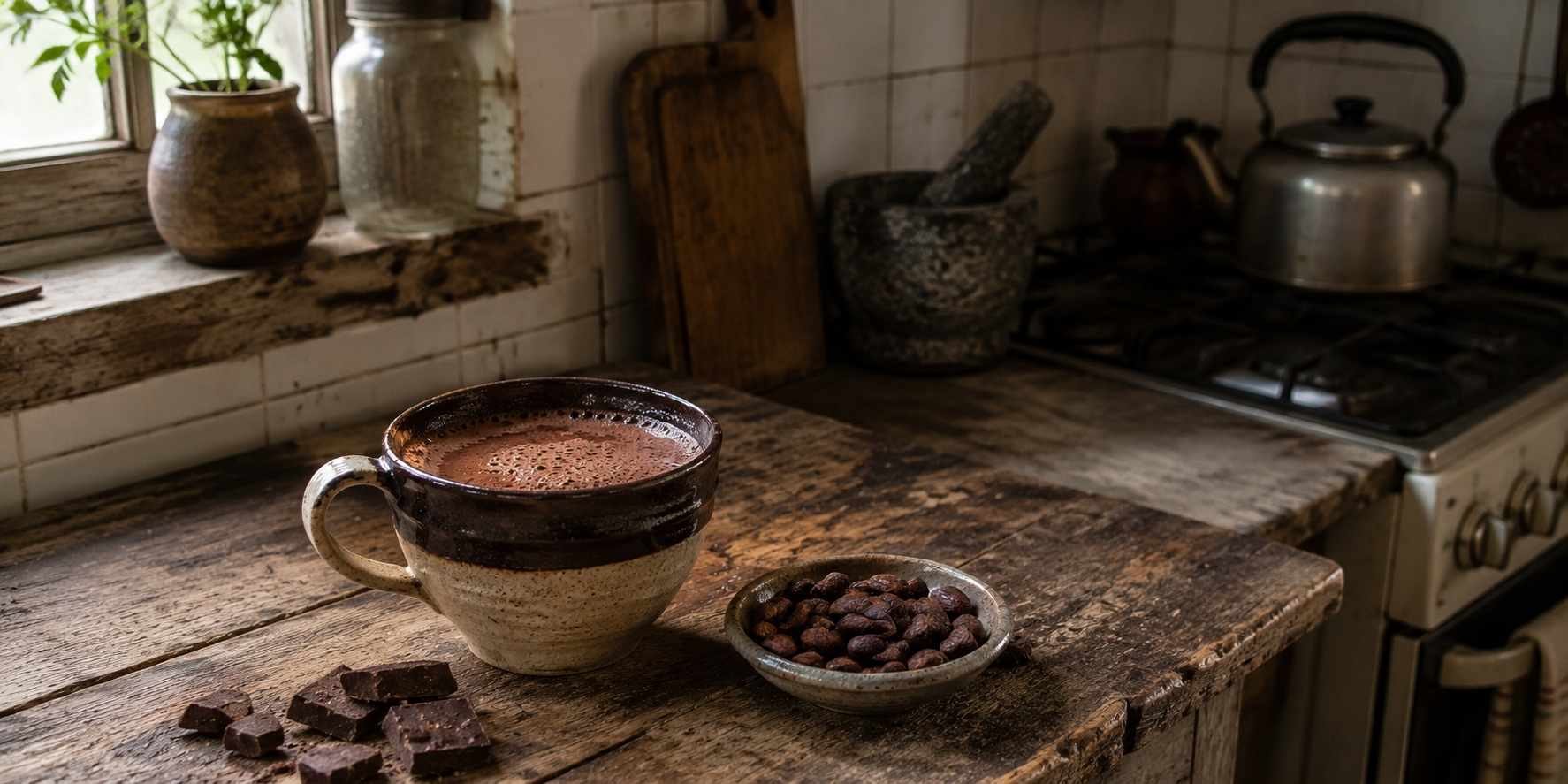 cup of hot cacao with beans and mass on the side, in a simple honest kitchen setting